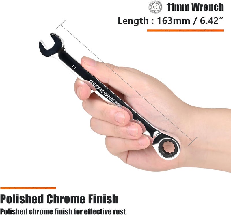 Egofine 11mm Ratcheting Combination Wrench Metric, Industrial Grade Gear Spanner with 12-Point Design, 72-Tooth Ratchet, Chrome Vanadium Steel - Image 3